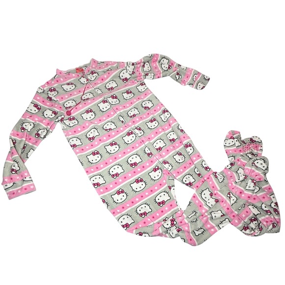 Hello Kitty Pajamas Women's One-Piece Gray Pink Stars Footed Sleepwear - Picture 1 of 5